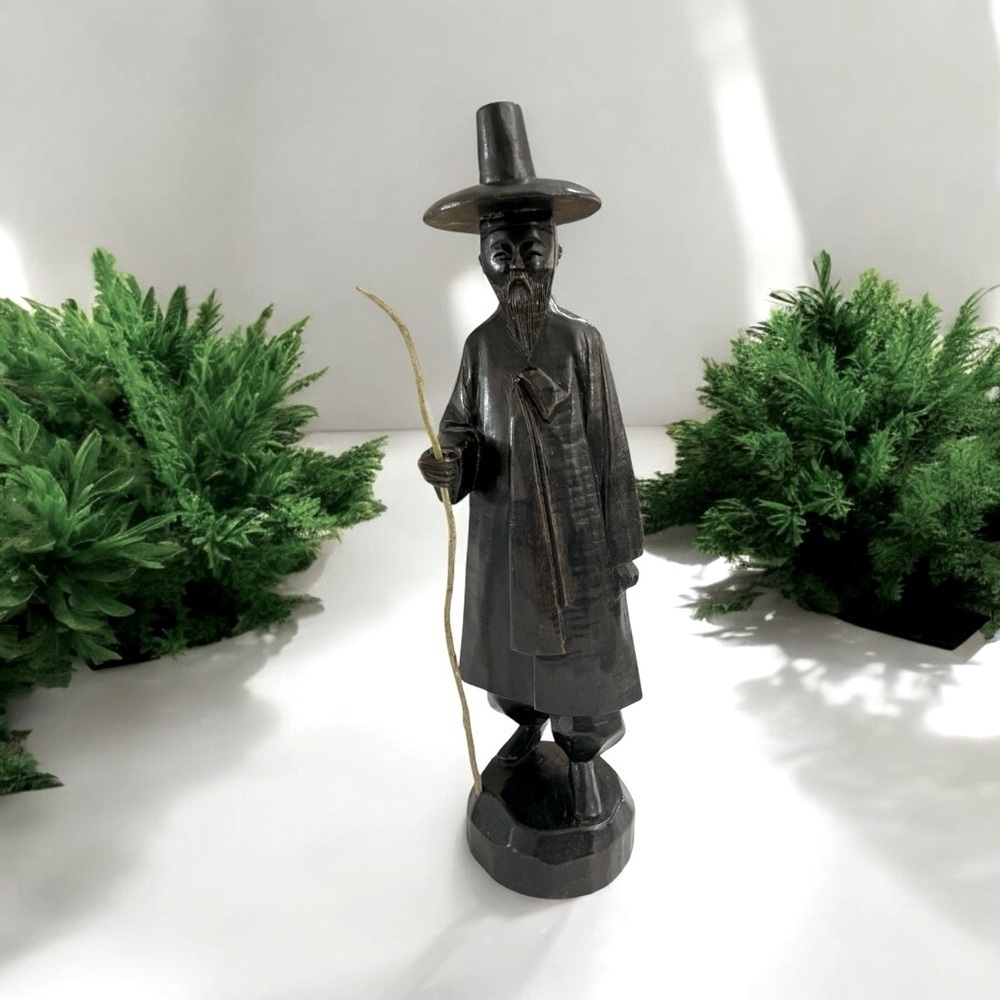 Vintage Confucius Hand Carved Black Wood Sculpture Statue Figure Folk Art